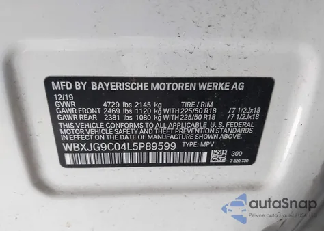 2020 BMW X1 xDrive28I из США, поврежденный, VIN WBXJG9C04L5P89599